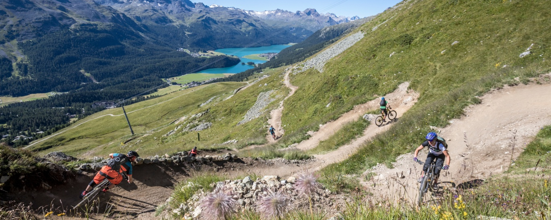 WM Flow Trail mit Blick auf den Silvaplanersee und den Piz Corvatsch