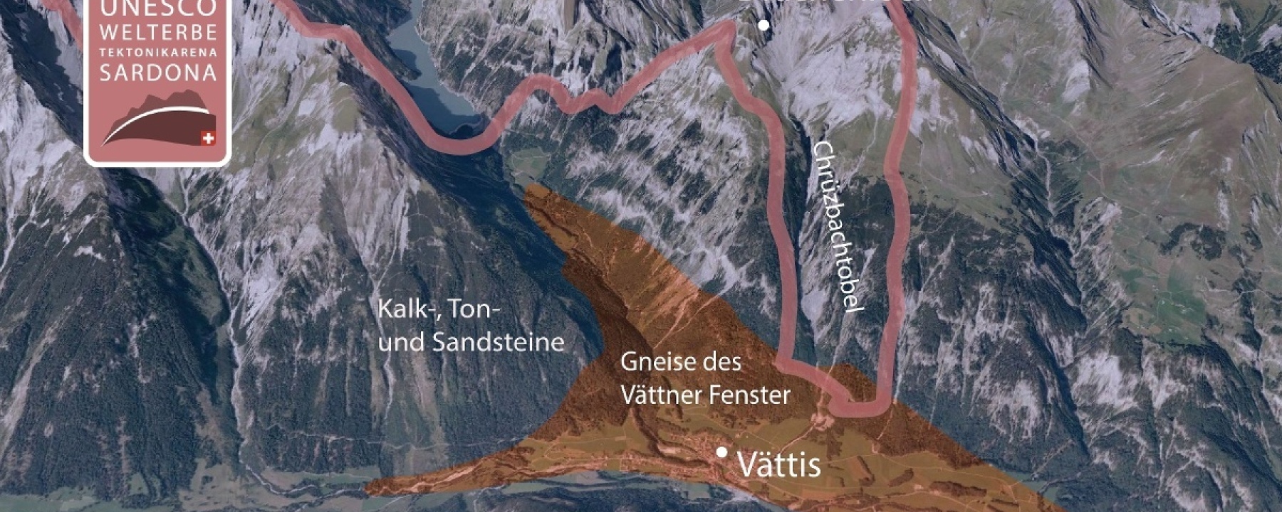 Das Vättner Fenster (orange) und das Welterbe Sardona (weinrot)