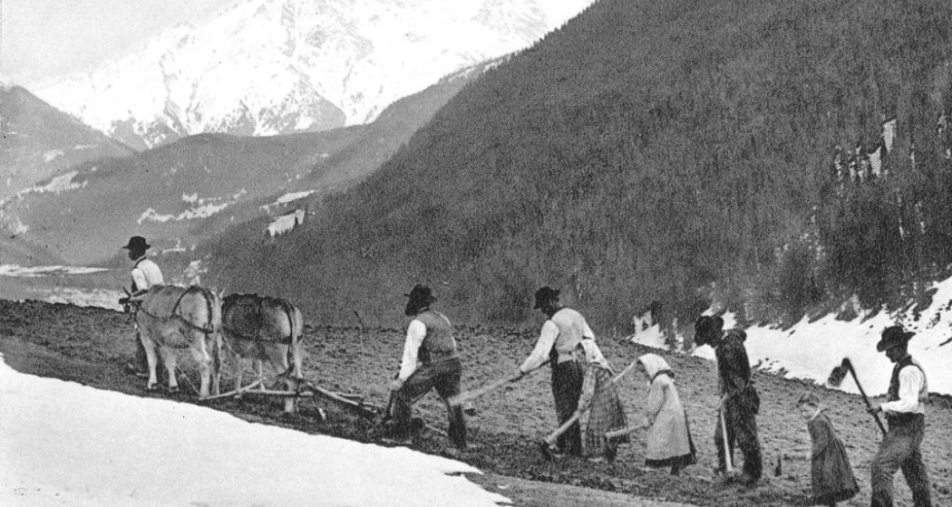 Bündner Bauernfamilie bei der Feldarbeit (Sammlung K. Hager)