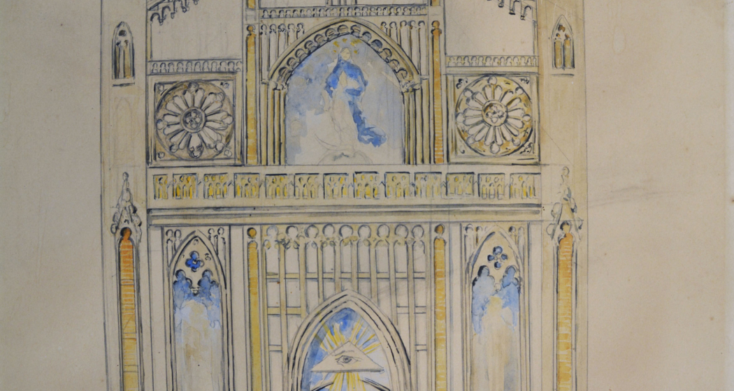 Skizze Fassadengestaltung Kirche Nossadonna, 1989: (49,8 × 39,6 cm, Tusche, Bleistift, Aquarell und Tinte auf Karton, Gemeinde Surses).