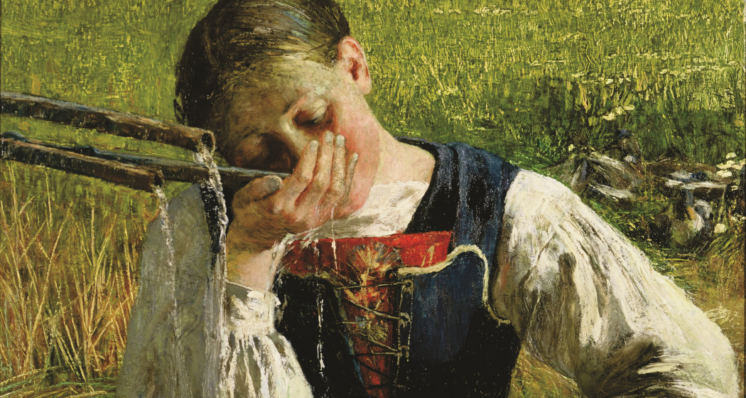 Costume grigionese – Bündnerin am Brunnen, 1887: (54 × 79 cm, Öl auf Leinwand, Segantini Museum St. Moritz, Depositum der Otto Fischbacher Giovanni Segantini Stiftung).