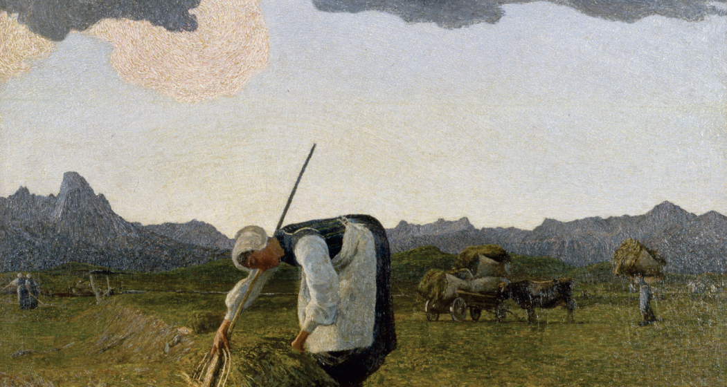 La raccolta del fieno – Die Heuernte, 1888/89 /1898: (137 X 149 cm, Öl auf Leinwand, Segantini Museum St.Moritz, Depositum der Gemeinde St.Moritz).