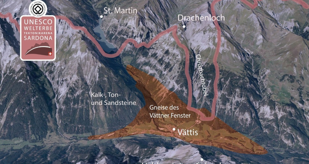 Das Vättner Fenster (orange) und das Welterbe Sardona (weinrot)