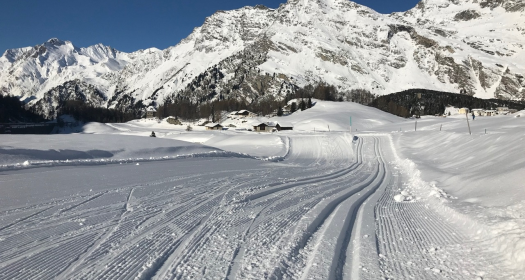 Loipe klassisch & skating bei Orden mit Blick auf Piz Lunghin Loipe klassisch & skating bei Orden mit Blick auf Piz Lunghin