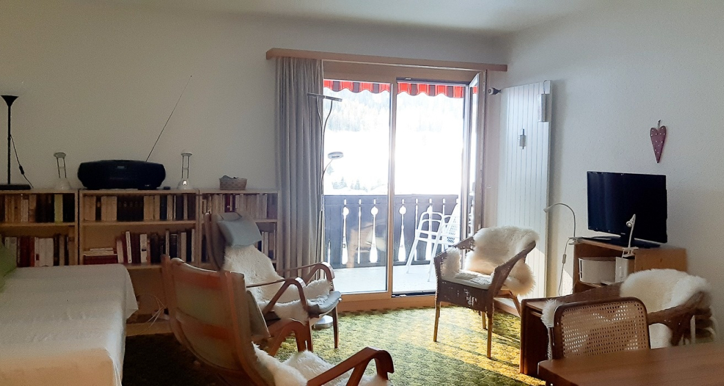 Wohnzimmer mit Ausziehbett und TV