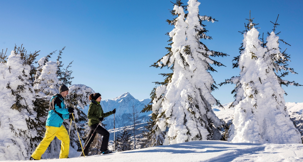 Schneeschuhwanderer auf der Hochebene Dreibündenstein Schneeschuhwanderer auf der Hochebene Dreibündenstein