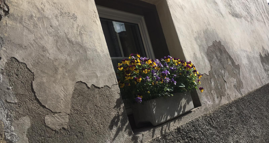 Hauswand mit Blumendekotration