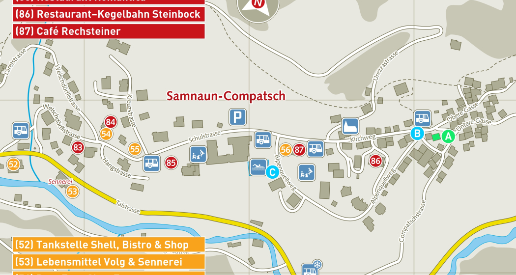 Dorfplan-Lageplan mit Sehenswürdigkeiten Samnaun-Compatsch - BERGWALDZAUBER