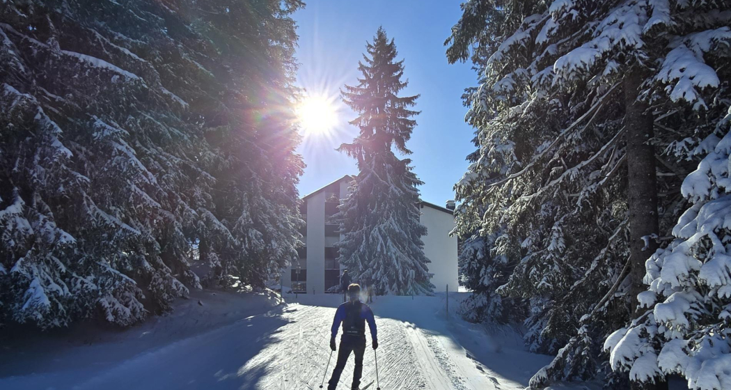 Hausansicht mit Wanderweg und Loipe