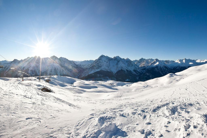 Mountain panorama in the ski area Motta Naluns