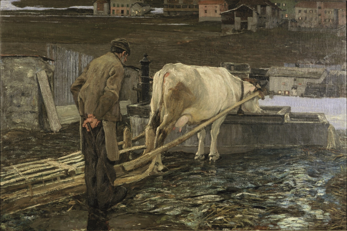 Allo sciogliersi delle nevi – Bei der Schneeschmelze, 1888: (66 × 98 cm, Öl auf Leinwand, Segantini Museum St.Moritz, Depositum der Otto Fischbacher Giovanni Segantini Stiftung). Allo sciogliersi delle nevi – Bei der Schneeschmelze, 1888: (66 × 98 cm, Öl auf Leinwand, Segantini Museum St.Moritz, Depositum der Otto Fischbacher Giovanni Segantini Stiftung).
