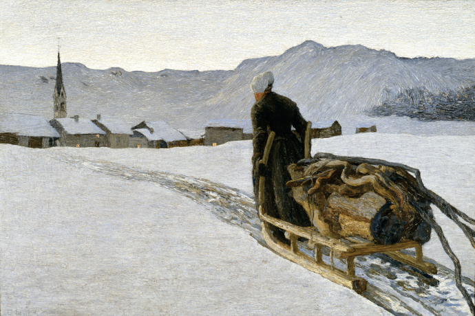 Ritorno dal bosco – Rückkehr vom Wald, 1890: (64 × 95 cm, Öl auf Leinwand, Segantini Museum St.Moritz, Depositum der Otto Fischbacher Giovanni Segantini Stiftung).