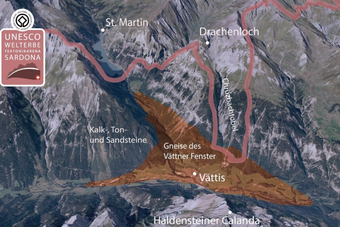 La fenêtre Vättner (orange) et le site du patrimoine mondial de Sardona (bourgogne) La fenêtre Vättner (orange) et le site du patrimoine mondial de Sardona (bourgogne)