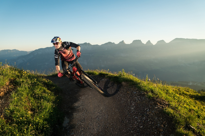 Descent with a gigantic mountain backdrop