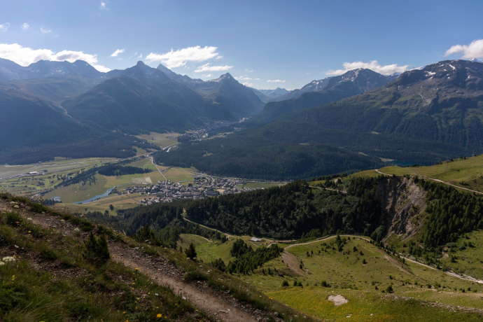 View down on the villages Celerina and Pontresina