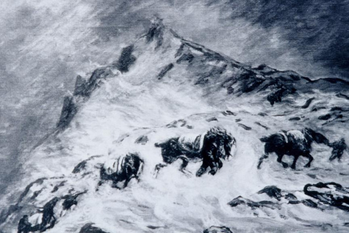 Ein Saumzug kämpft sich durch den Schnee. Ein Saumzug kämpft sich durch den Schnee.