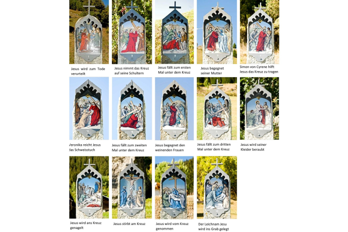 Die verschiedenen Stationen des Kreuzweges in Sumvitg/Clavadi in einer Collage.