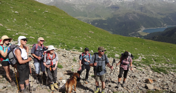 Stefan Moser mit Wandergruppe und Hund
