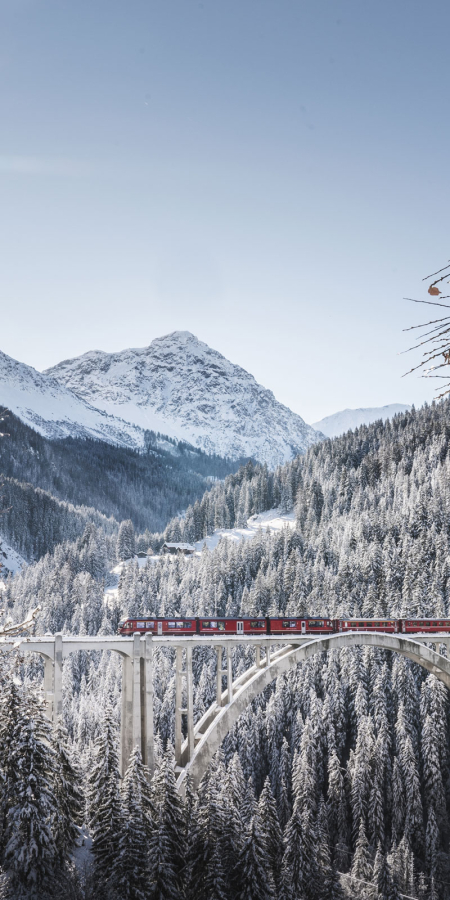 Train régional des RhB sur le viaduc de Langwieser (photo : © Rhätische Bahn / Daniela Derungs) Train régional des RhB sur le viaduc de Langwieser