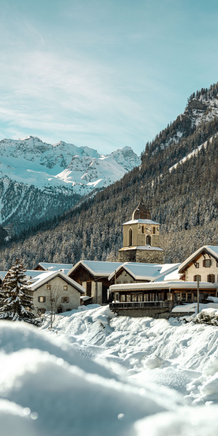 View of the village centre of Berguen in winter