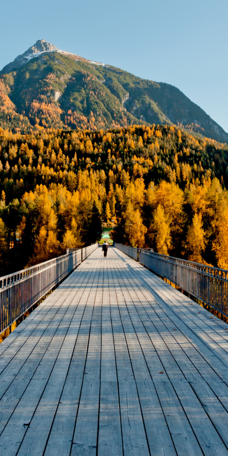 A hiker walks across a wooden bridge above an autumn larch forest in Scuol