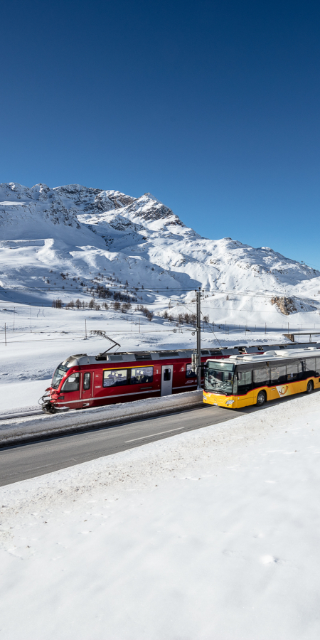 Unterwegs mit dem PostAuto und der Rhätischen Bahn (Foto: © Rhätische Bahn / Andrea Badrutt) Ein Postauto und ein Zug der Rhätischen Bahn auf dem Berninapass