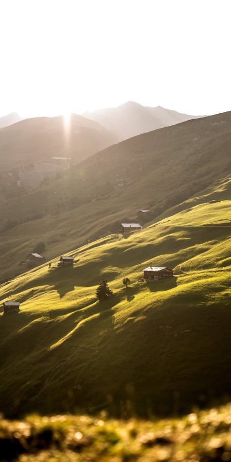 Golden hour over Partnun – alpine huts nestled in the gentle mountain landscape of the Prättigau (Photo: © Marco Hartmann) Evening light on the green slopes of Partnun with scattered alpine huts in the Prättigau