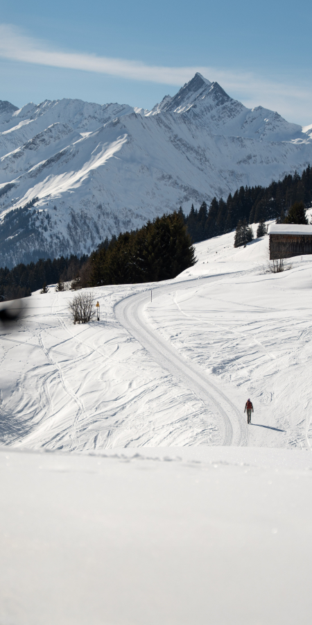 Person auf der Winterweitwanderung Via Mundaun