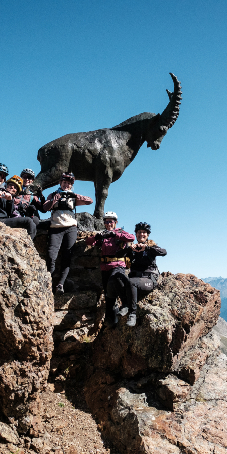 Gruppe von Bikerinnen mit Helmen posiert auf einem Felsgipfel neben einer lebensgrossen Steinbock-Skulptur mit Blick auf die Engadiner Bergwelt