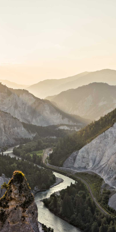 Sunrise over the Rhine Gorge near Laax (Photo: © Switzerland Tourism / Ivo Scholz) Sunrise over the Rhine Gorge near Laax