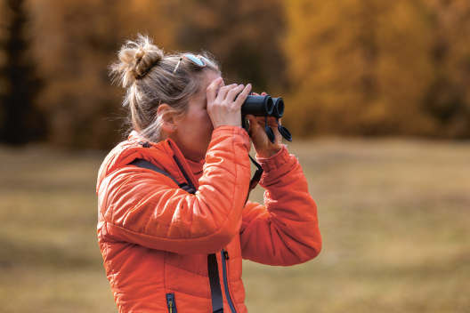 Mit einem Fernglas ausgestattet, lässt sich die faszinierende Tierwelt des Schweizerischen Nationalparks besonders gut beobachten (Foto: © Nico Schaerer) Eine Frau beobachtet Tiere im Schweizerischen Nationalpark mit einem Fernglas