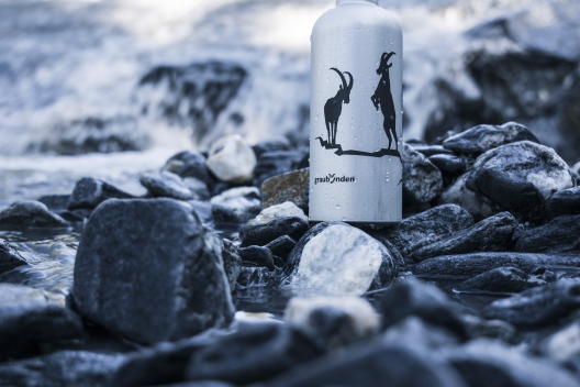 SIGG Trinkflasche mit Steinbockmotiv am Bach auf Felsen platziert