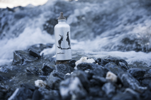 SIGG Trinkflasche mit Steinbockmotiv am Bach auf Felsen platziert