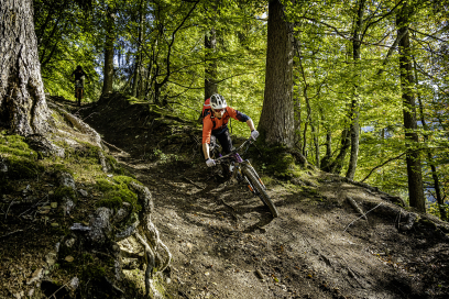 Hüttentour Surselva (Foto: © Alex Buschor) Ein Mountainbiker in einem Waldstück auf der Hüttentour Surselva