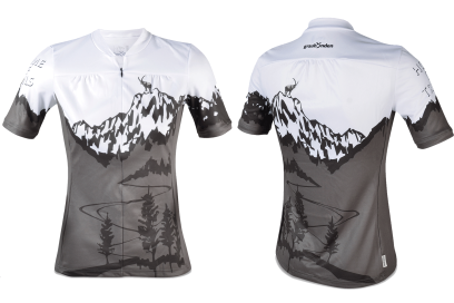 Bike-Shirt inspiriert von Graubündens Trails und Bergen (Fotoquelle: Graubünden Ferien) Mountainbike-Shirt mit Graubünden-Bergdesign und Steinbock