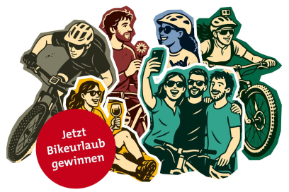 Illustration mit verschiedenen Biketypen: Downhiller, Geniesserin mit Wein, Selfie-Gruppe, Paar auf Tour und sportliche Bikerin mit Actioncam