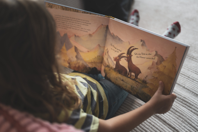 Das neue Abenteuer von Gian und Giachen – liebevoll illustriert für kleine und grosse Fans (Foto: © Marco Hartmann) Ein Kind blättert im Kinderbuch «Gian & Giachen und der Platzhirsch vom Lärchenwald» mit Illustrationen der beiden Steinböcke in den Bündner Bergen