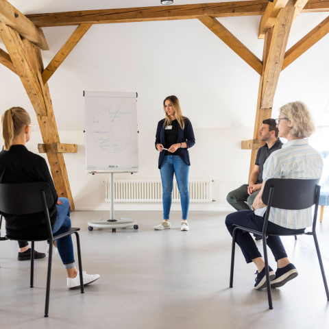 Gruppenbesprechung zum Thema Sucht (Foto: © Psychiatrische Dienste Graubünden) Gruppe redet über das Thema Sucht