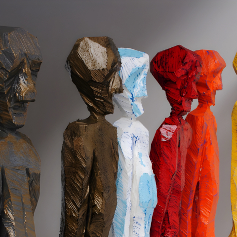 Mehrere grob geschnitzte Holzskulpturen von Ugo Giacometti in unterschiedlichen Farben, aufgereiht in einer Reihe