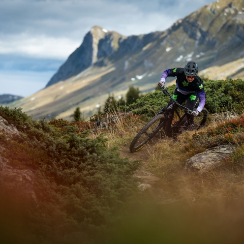 Mountainbiker im Trail auf der Lenzerheide. (Foto: ©HUGHES) Mountainbiker im Trail auf der Lenzerheide.