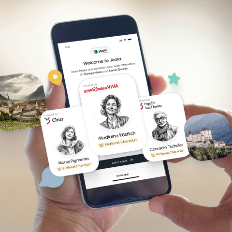 Smartphone mit Joaia-App und KI-Ortsführer*innen für Graubünden