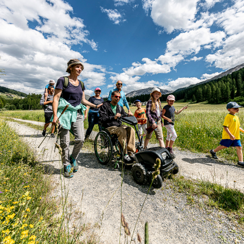 Eine gemischte Gruppe mit Erwachsenen, Kindern und einem Mann im Rollstuhl wandert auf einem Naturweg durch eine sonnige Berglandschaft