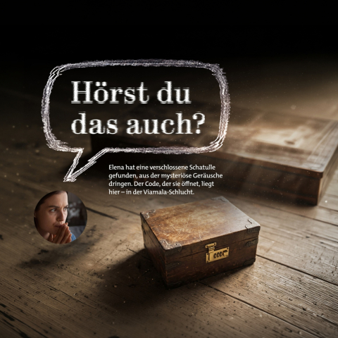 Holzschatulle mit Zahlenschloss auf Holzdielen als Teaser für das Mystery Game Viamala mit der Spielfigur Elena