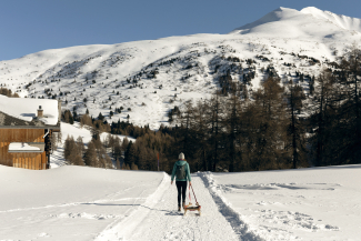Der 4,5 Kilometer lange Schlittelweg führt dem Südhang entlang ins Dorf Feldis. (Foto: © Thalia Wünsche) Schlittelweg nach Feldis