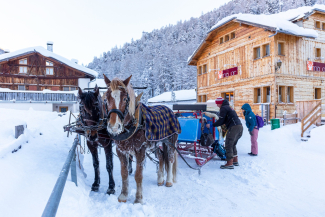 Gasthaus Mayor im Unterengadin (Foto: © Tourismus Engadin Scuol Samnaun Val Müstair AG) Pferdekutsche vor dem Gasthaus Mayor im Unterengadin