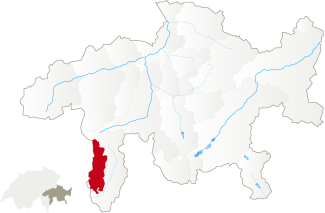 Map with the park perimeter of Parco Val Calanca marked in red in the canton of Graubünden Switzerland