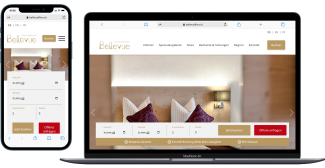 Die responsive Website des Hotel-Restaurant Bellevue Flims auf einem MacBook Air und einem Smartphone