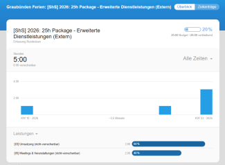 Dashboard mit Budget- und Stundenübersicht für «[ShS] 2026: 25h Package»