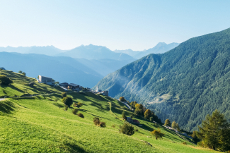 Gently rolling slopes and wide views: Valposchiavo reveals its autumn clarity at its very best (Photo: © Christiane Setz-Müller & Moritz Müller) View over the green slopes and villages of Valposchiavo with Alpine panorama in the morning light