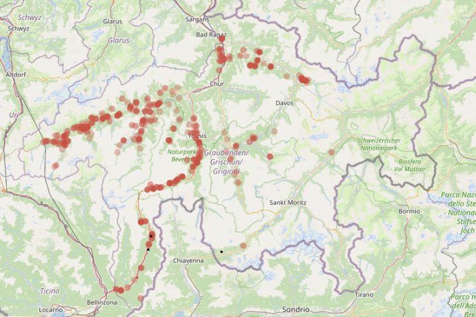 Karte Grossraubtier-Beobachtungen in Graubünden